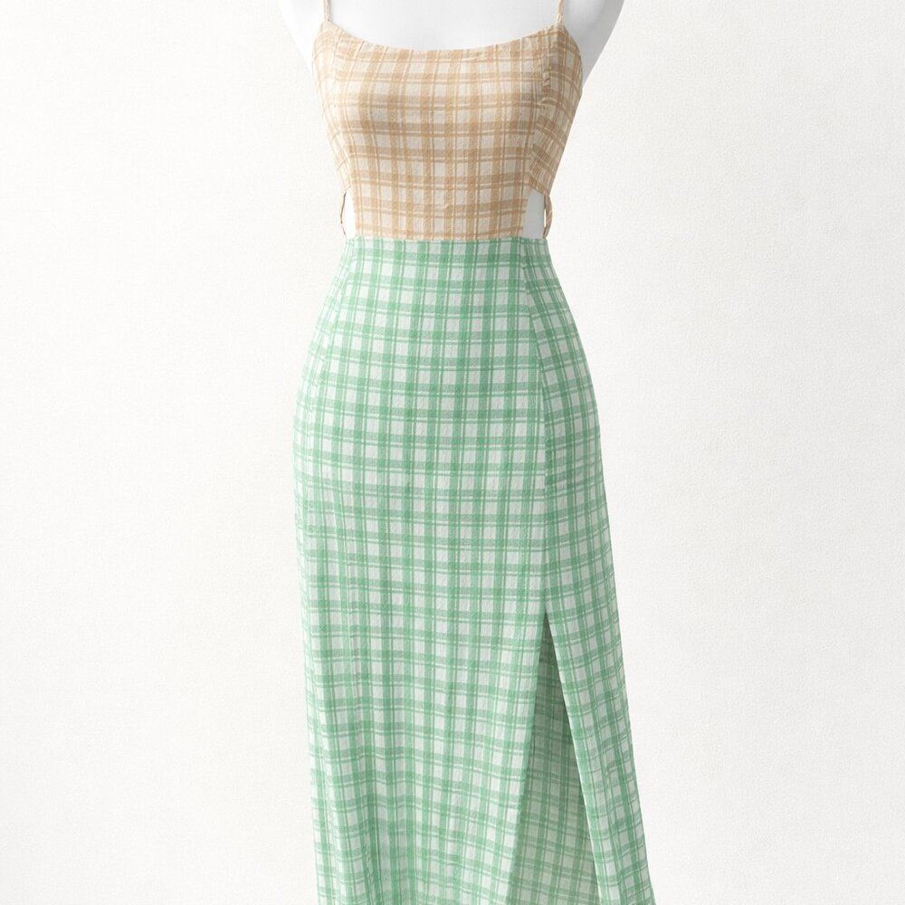 Hurley Colorblock Dress Small NWT Cutout Slit Tan Green Summer Spaghetti Straps - Picture 1 of 9
